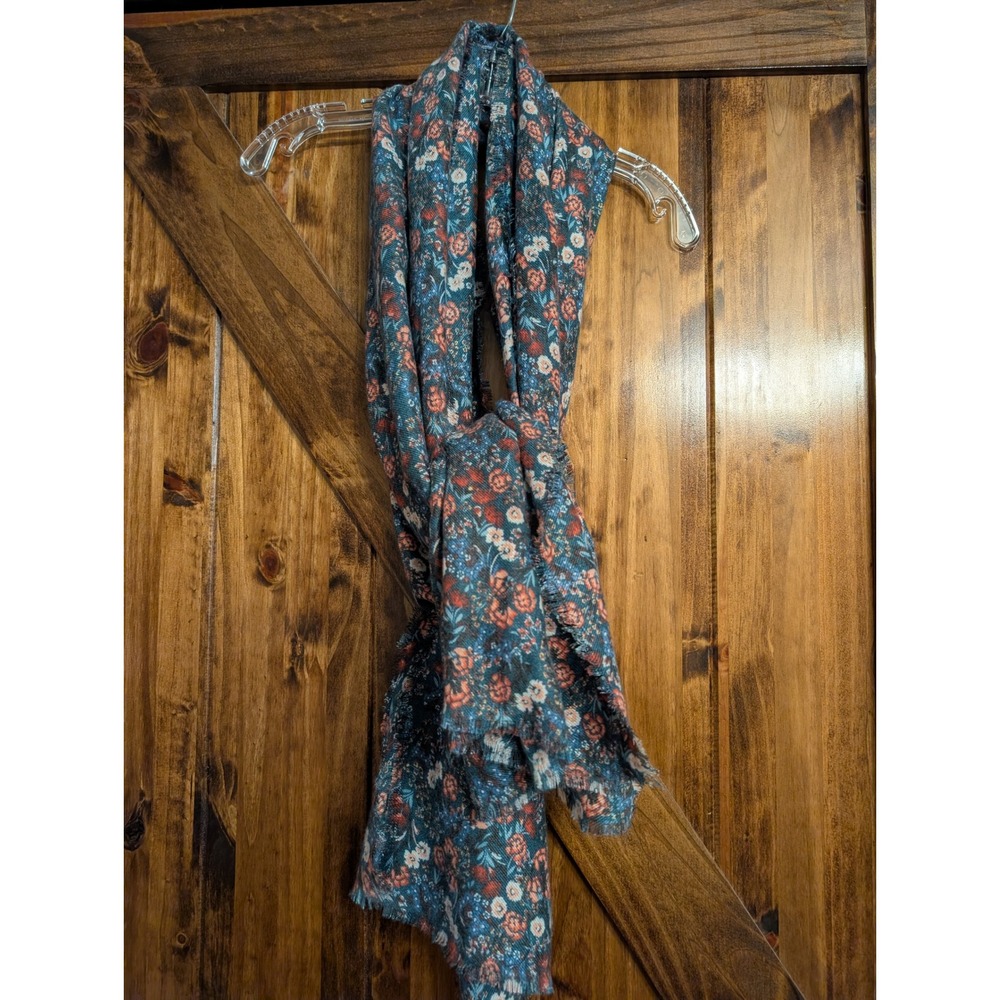 LC Lauren Conrad Teal Pink Floral Scarf Eyelash Fringe Lightweight Wrap Shawl